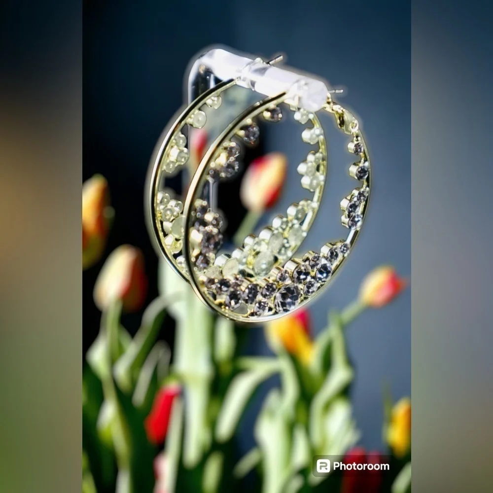Stunning Crystal Gold Large Disk Hoop Earrings